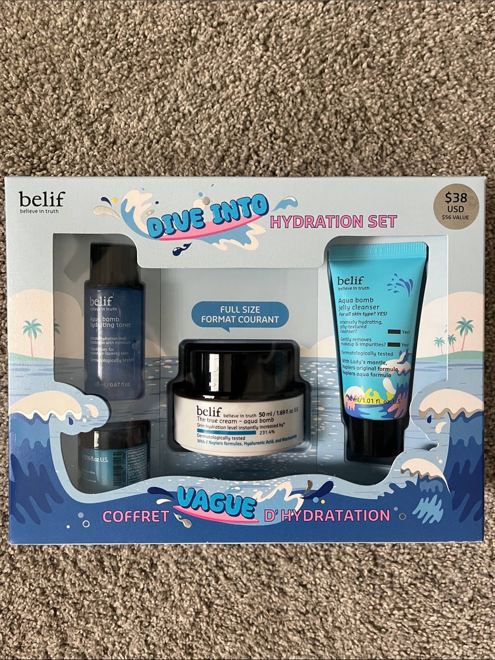 Brand New Belif Aqua Bomb Dive Into Hydration Set - Cream Toner Cleanser Eye